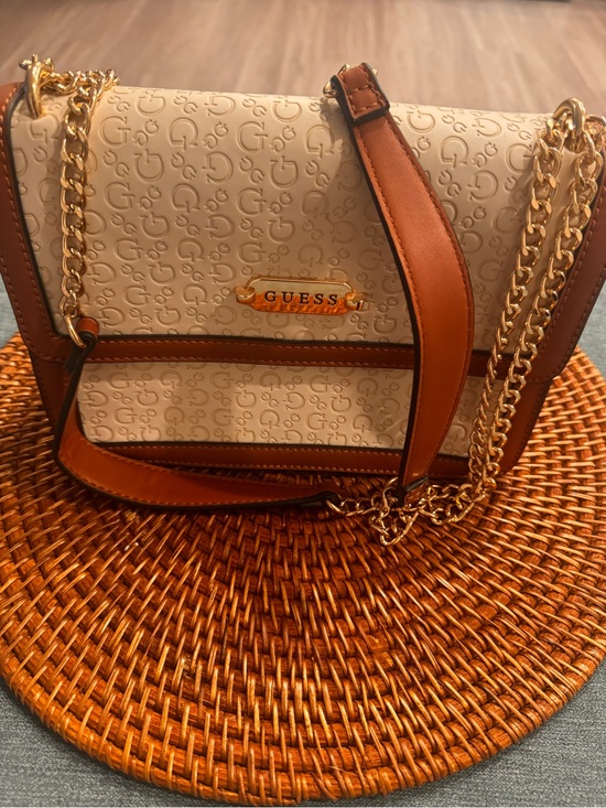 Guess Handbags - GUESS Cream and Brown Logo Crossbody with Gold Chain Detail
